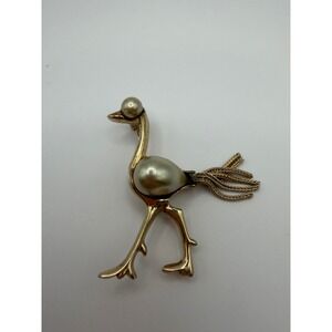 Charming‎ Gold Tone Bird Ostrich Brooch with Pearl Accents & Chain Tail